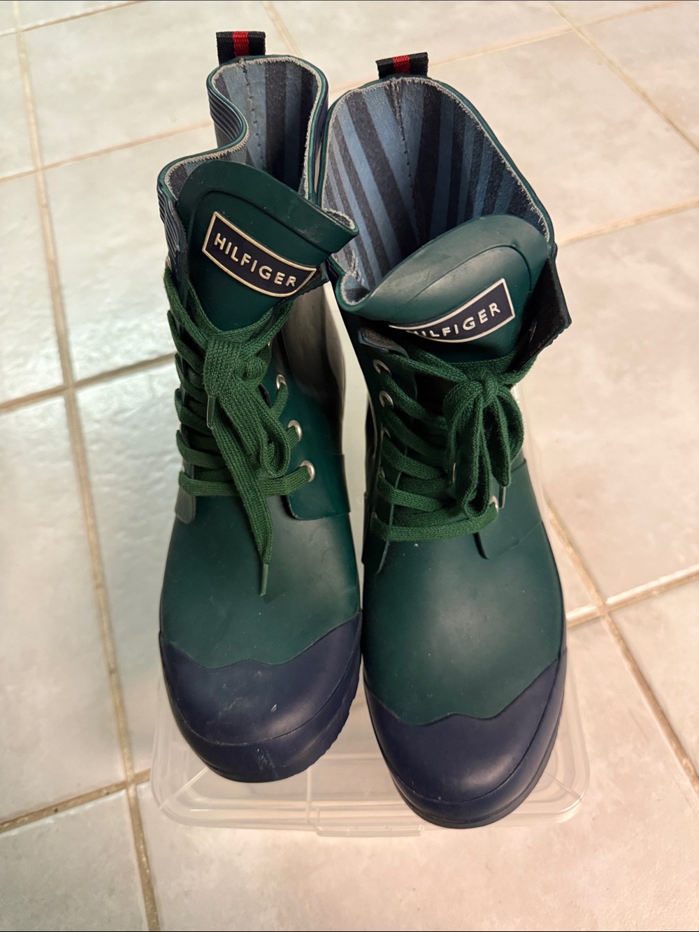 Tommy Hilfiger Dark Green and Navy Lace-Up Kids Rain Boots